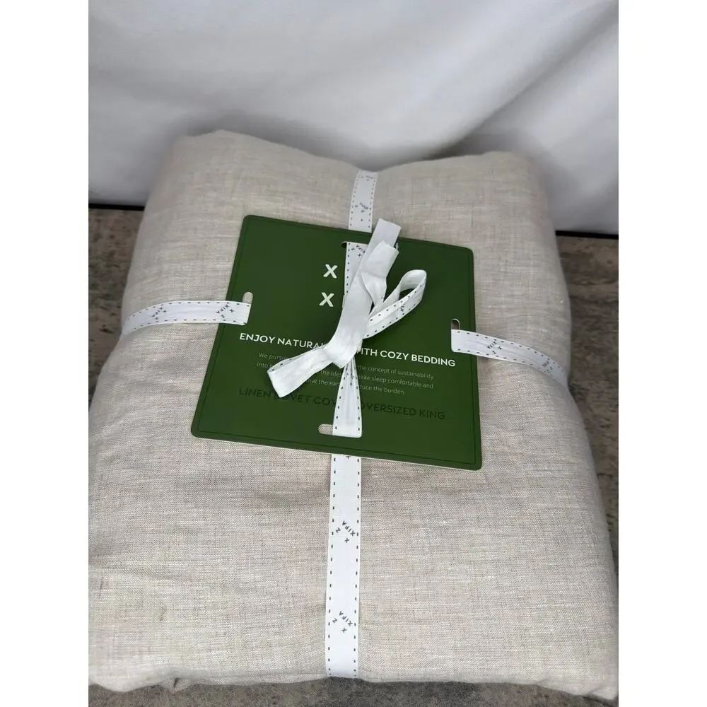 Linen Duvet Cover Set, Bedding with Zipper Closure-Oversized King, Natural Linen